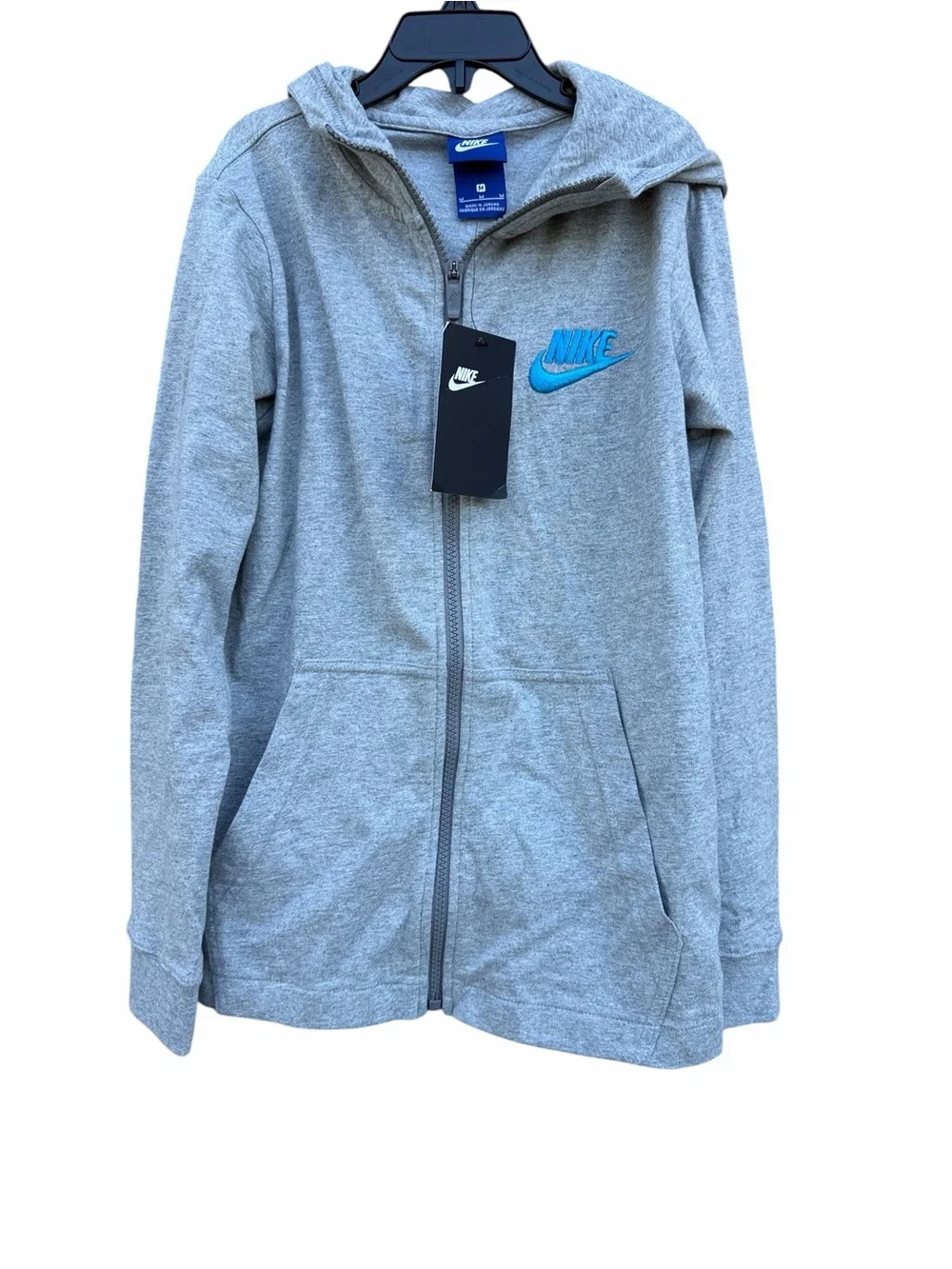 Nike Youth Heather Gray Zip-Up Hoodie with Blue Swoosh size medium NEW